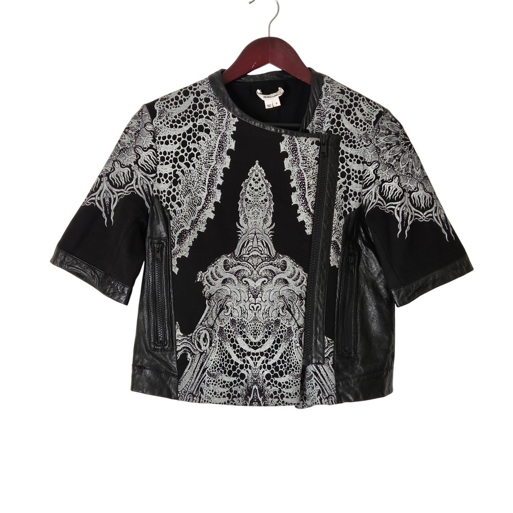 Helmut Lang Urchin Print Lamb Leather Trim Crop Moto Jacket Sz P XS Black Gothic